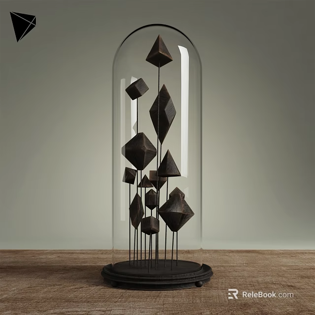 Decorative Ornament Set With Geometric Metal Pieces Inside Glass Dome On Wooden Tabletop 3d model 