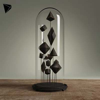 Decorative Ornament Set With Geometric Metal Pieces Inside Glass Dome On Wooden Tabletop 3d model
