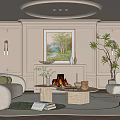 Elegant Modern Living Room Interior With Circular Ceiling Fireplace Sofa Armchairs And Green Plant