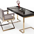 Modern Black Desk With Gold Legs Gray Chair Laptop Mug Red Decor And Books
