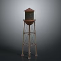 Tall Industrial Water Tower With Metal Frame Conical Roof And Support Structure