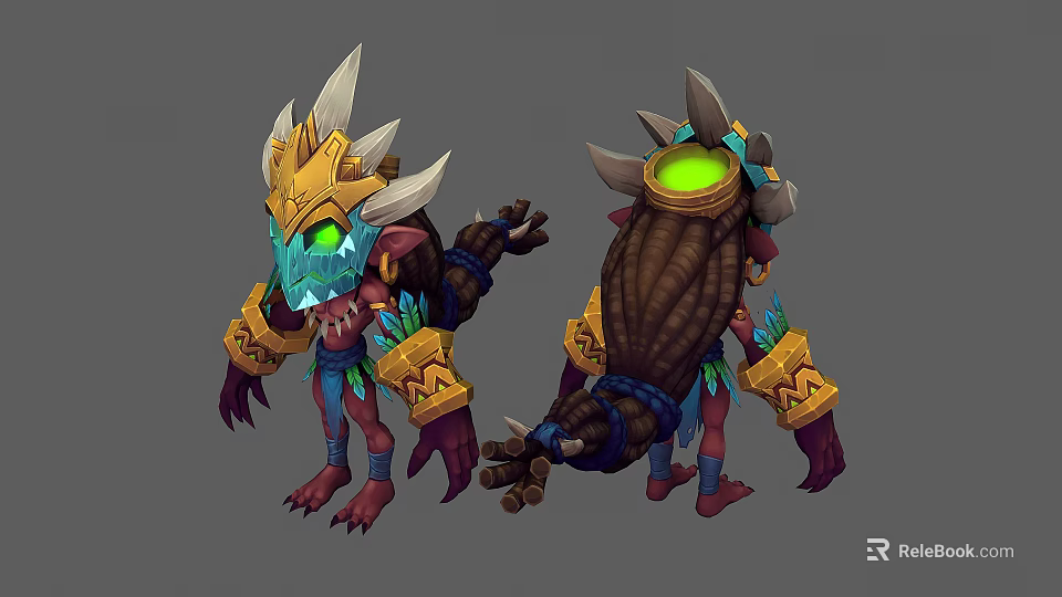 3D Fantasy Monster Character Design With Golden Armor Spikes And Glowing Green Eyes 3d model 