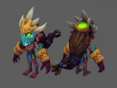 3D Fantasy Monster Character Design With Golden Armor Spikes And Glowing Green Eyes 3d model