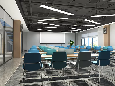 Modern Spacious Conference Room With Projection Screen Blue Chairs Green Plant And Large Windows 3d model