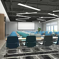 Modern Spacious Conference Room With Projection Screen Blue Chairs Green Plant And Large Windows