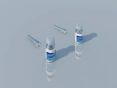 Small Medical Vials With Labels And Plastic Tubes On Gray Background With Reflections 3d model