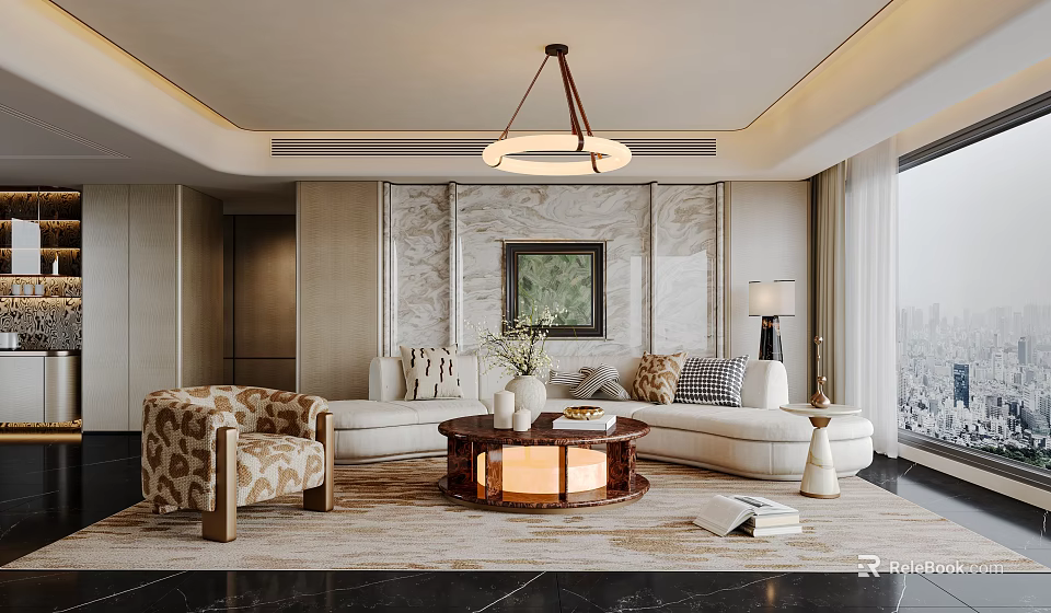 Modern Living Room Interior With White Sectional Sofa Patterned Accent Chair And Marble Wall 3d model 