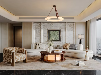 Modern Living Room Interior With White Sectional Sofa Patterned Accent Chair And Marble Wall 3d model