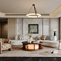 Modern Living Room Interior With White Sectional Sofa Patterned Accent Chair And Marble Wall
