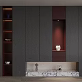 Modern Shoe Cabinet Design With Gray Maroon Panels Marble Countertop And Decorative Items
