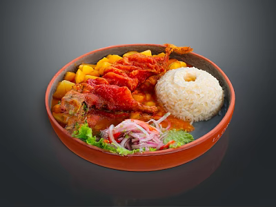 Fried Chicken Leg with Rice Potato Chunks Vegetables and Red Sauce Served on Orange Plate 3d model