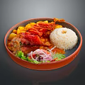 Fried Chicken Leg with Rice Potato Chunks Vegetables and Red Sauce Served on Orange Plate