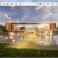 Modern Sales Office Building with Evening Lighting Glass Curtain Wall Entrance Water Feature and People