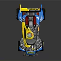 Colorful Blue And Yellow Toy Racing Car With Large Wheels Rear Wing And Decals