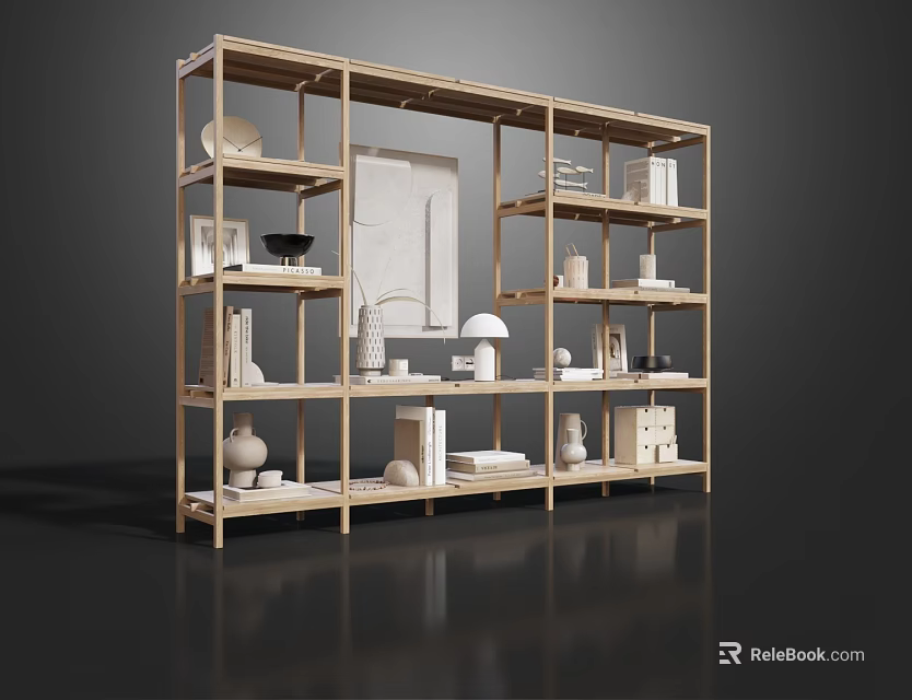 Minimalist Wooden Bookshelf With Multi Tiered Shelves Books Vases And Decorative Items 3d model 