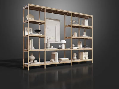 Minimalist Wooden Bookshelf With Multi Tiered Shelves Books Vases And Decorative Items 3d model