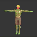 Man in green shorts and sandals with arms outstretched on gray background
