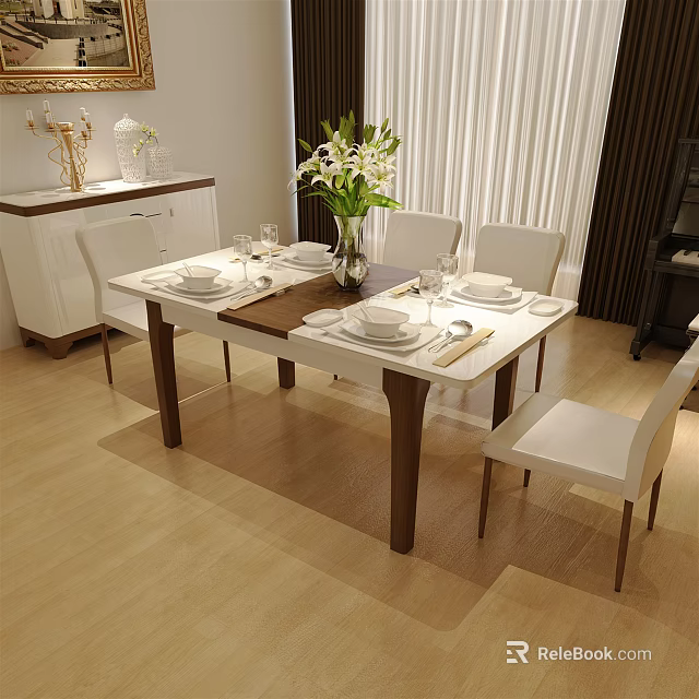 Modern Dining Table Set with White Chairs Vase Tableware and White Cabinet in Dining Room 3d model 