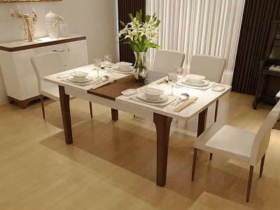 Modern Dining Table Set with White Chairs Vase Tableware and White Cabinet in Dining Room 3d model