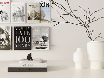 Minimalist Modern Decorative Ornament Set With Books Magazine Posters Branch And White Vases 3d model