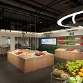 Modern Supermarket Produce Section With Bright Lighting Wooden Shelves And Fresh Fruits Vegetables