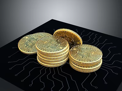 Stack Of Gold Coins With Bitcoin Symbols On Circuit Board Surface 3d model