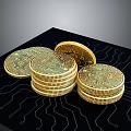 Stack Of Gold Coins With Bitcoin Symbols On Circuit Board Surface