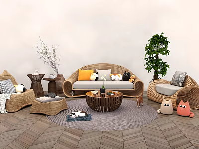 Wicker Sofa And Coffee Table Set With Colorful Pillows Round Rug And Green Plant 3d model