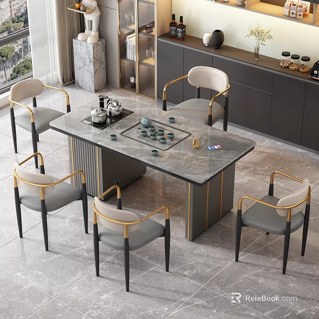 Modern Tea Table With Gray Gold Chairs And Tea Sets On Marble Top In Modern Room 3d model 