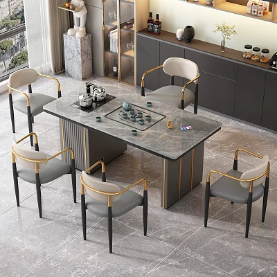 Modern Tea Table With Gray Gold Chairs And Tea Sets On Marble Top In Modern Room 3d model