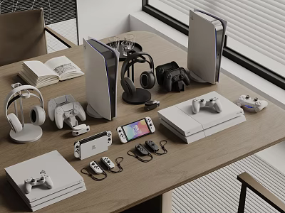 Entertainment Electronics Setup With Game Console Headphones Camera And Controllers On Modern Wooden Table 3d model