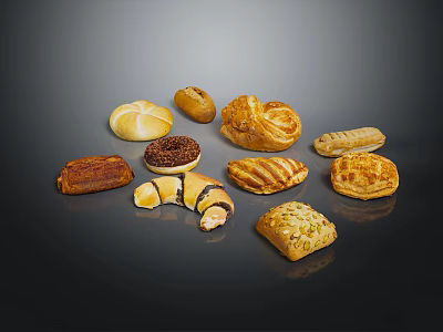 Assorted Baked Pastries Collection With Croissants Buns Chocolate Toppings And Nutty Varieties 3d model