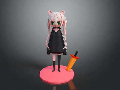 Woman with White Hair Cat Ears in Black Dress on Pink Base with Orange Sword 3d model