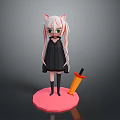 Woman with White Hair Cat Ears in Black Dress on Pink Base with Orange Sword