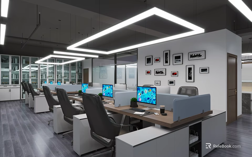 Modern Public Office Space With Workstations Computer Monitors Office Chairs Framed Artworks And Ceiling Lights 3d model 
