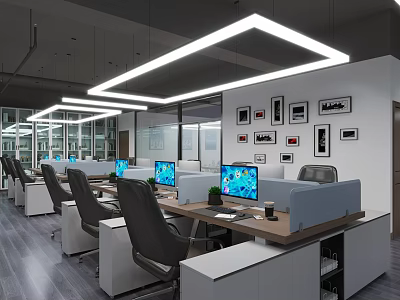 Modern Public Office Space With Workstations Computer Monitors Office Chairs Framed Artworks And Ceiling Lights 3d model