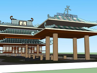 Ancient Architecture With Traditional Green Tiled Roof Overhanging Eaves And Columns 3d model