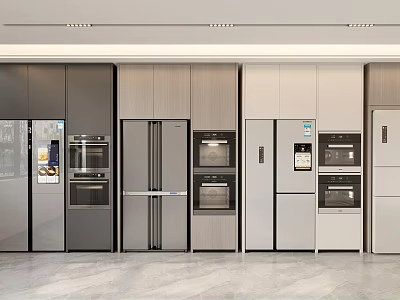 Modern Kitchen Interior With Multiple Sleek Refrigerators Freezers And Built In Cabinets 3d model