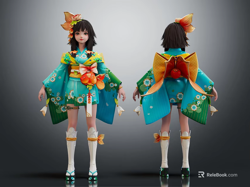Traditional Japanese Girl Character Wearing Blue Kimono With Large Back Bow And Flower Hair Ornaments 3d model 