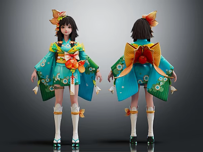 Traditional Japanese Girl Character Wearing Blue Kimono With Large Back Bow And Flower Hair Ornaments 3d model