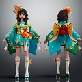 Traditional Japanese Girl Character Wearing Blue Kimono With Large Back Bow And Flower Hair Ornaments