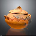 Orange Clay Pot With Lid Handles And Wavy Pattern For Home Daily Use