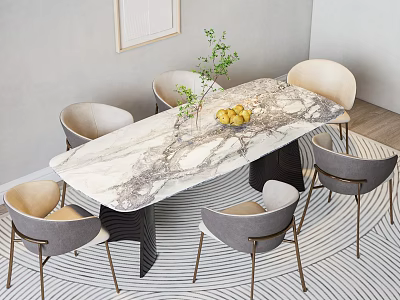 Stylish Dining Table Set With Marble Tabletop Gray Chairs Fruit Bowl And Green Plant 3d model