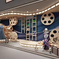Movie Theme Window Design Featuring Film Reels Movie Camera And Clothing