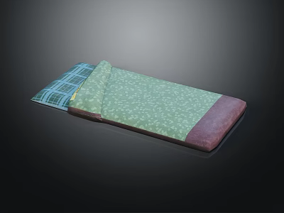Patterned Mattress With Green Bed Sheet Blue Plaid Head Section And Purple Edge Design 3d model