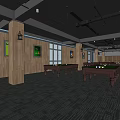 Wooden Desks In Billiard Room With Dark Carpet And Ceiling Lights