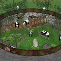 Scenic Panda Park Enclosure With Green Grass Bamboo Rocks And Wooden Fence
