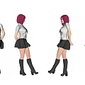 Woman with red hair in white shirt black tie black skirt boots from different angles
