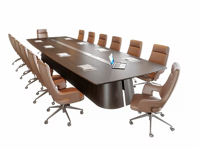 Modern Dark Conference Table With Light Brown Rolling Office Chairs And Notebooks 3d model