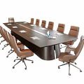 Modern Dark Conference Table With Light Brown Rolling Office Chairs And Notebooks